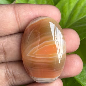 May include: Oval-shaped polished gemstone with bands of orange, brown, and white. The stone has a glossy finish and is held in a hand, with green foliage in the background. The gemstone is approximately 2 inches long.