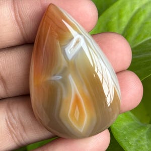 May include: A polished, teardrop-shaped gemstone with a mix of brown, white, and orange hues. The stone has a glossy finish and a layered pattern, with a central diamond-like design. The gemstone is held in a hand against a backdrop of green leaves.