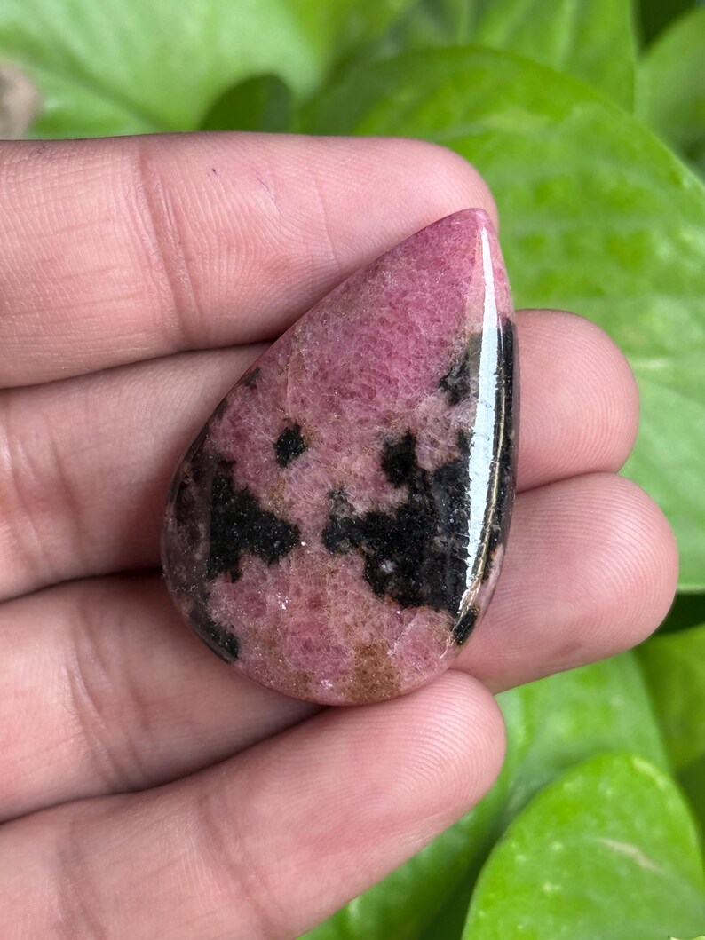 K&ouml;nnte beinhalten: Ein polierter, tropfenf&ouml;rmiger Edelstein mit einem rosa und schwarzen Muster. Der Stein hat eine gl&auml;nzende Oberfl&auml;che und wird in einer Hand vor einem Hintergrund aus gr&uuml;nem Laub gehalten. Die rosa Farbe dominiert, mit schwarzen Einschl&uuml;ssen.