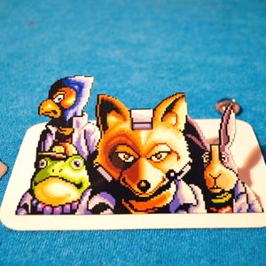 Może przedstawiać: Zobrazowanie pikselowe postaci z serii gier wideo Star Fox. Postacie obejmują lisa, ptaka, żabę i królika. Obecna jest również muszla i magnes w kształcie dinozaura.
