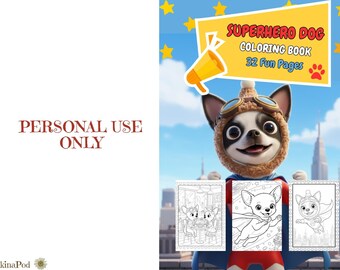 Dibujos para colorear de perros superhéroes para niños, libro para colorear de cachorros imprimible en PDF, hojas de actividades divertidas, arte animal, descarga digital, materiales y herramientas para manualidades.