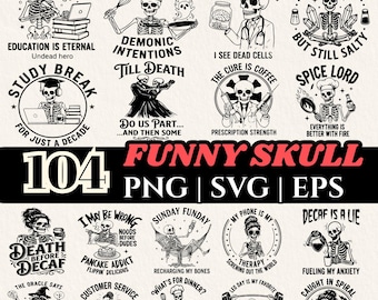 Lustige Schädel-Bundle 104 Designs PNG SVG EPS, Skelett Zitate Humor Grafiken für Shirts Tassen Aufkleber, Gothic sarkastischen Clipart-Set