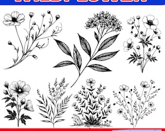 Ensemble de dessins au trait fleurs sauvages SVG PNG, plus de 100 motifs botaniques