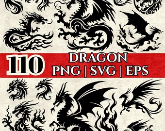 Dragon SVG PNG EPS Bundle | Tribal Dragon Silhouette Clipart for Cricut, Laser Cut, Tattoo Art, Fantasy Dragon Designs Pack