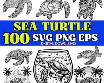 May include: Black and white illustrations of sea turtles in various poses. The image includes the text "SEA TURTLE 100 SVG PNG EPS DIGITAL DOWNLOAD" in yellow and white on a blue background. The turtles are depicted in different styles.