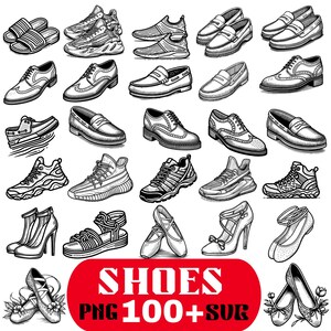 Peut inclure: Illustration en noir et blanc de différents types de chaussures, notamment des baskets, des mocassins, des sandales, des talons et des ballerines. Le texte "SHOES PNG 100+ SVG" est inclus dans un rectangle rouge.