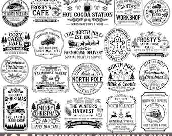 Paquete de 105 archivos SVG de Navidad estilo granja, letreros navideños rústicos, diseños del Polo Norte (descarga digital)