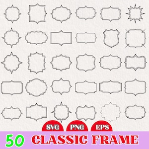 May include: A collection of 50 classic frame designs in various shapes and styles. The frames are outlined in black and arranged in rows and columns. The image includes the text "50 CLASSIC FRAME" in red and green.