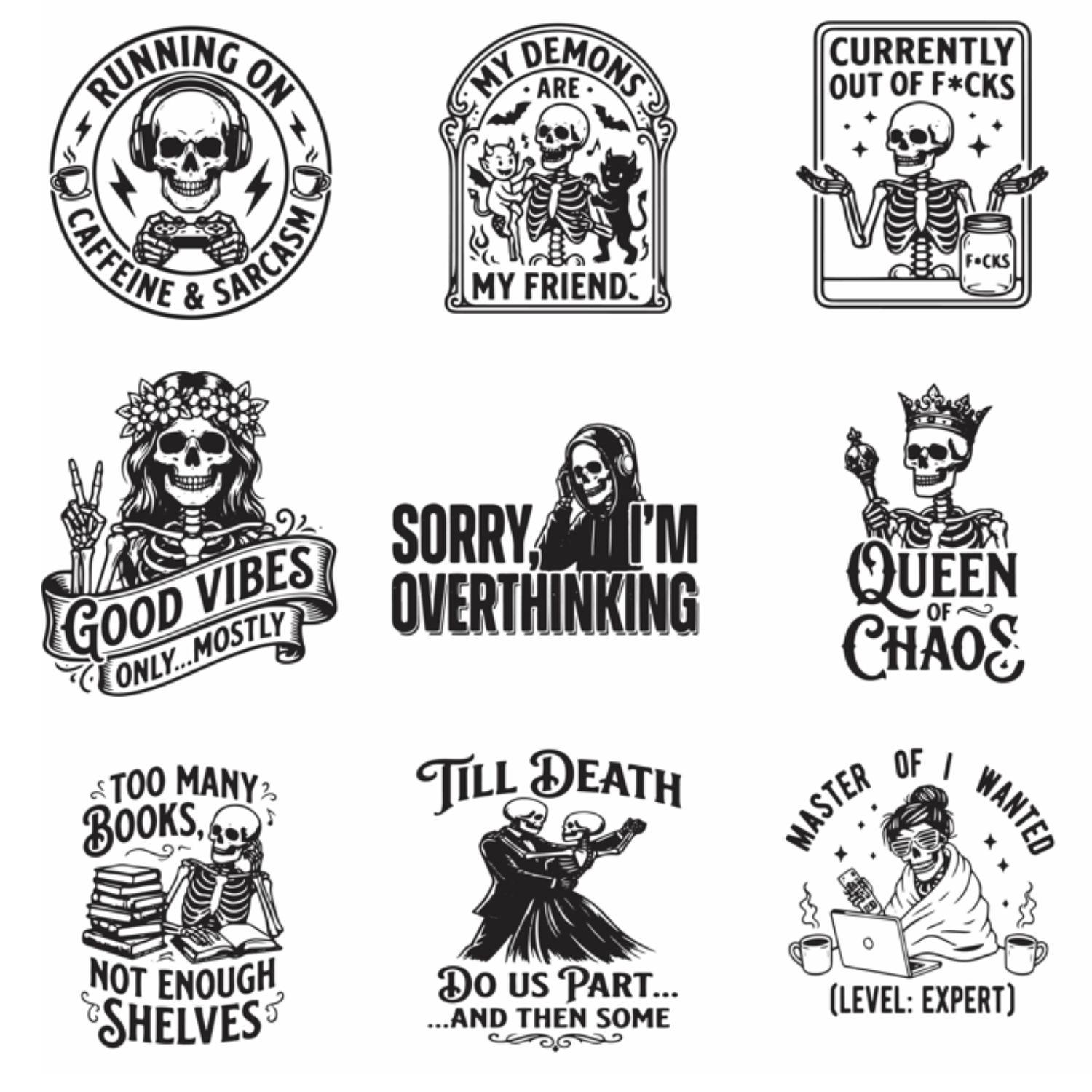 Funny Skull Bundle 104 Designs PNG SVG EPS, Skeleton Quotes Humor ...