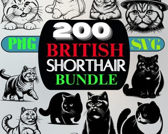 British Shorthair Cat Clipart Bundle | 200 SVG PNG Designs (Digital Download)