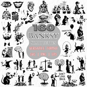 Puede incluir: Una colección de 160 siluetas de Banksy en formatos SVG, PNG y EPS. Las imágenes en blanco y negro incluyen una variedad de diseños, como una rata con paracaídas, una niña saltando a la cuerda y el texto "LOVE OVER BROKE".