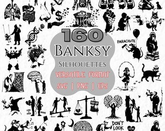Paquete de 160 siluetas al estilo Banksy en formato SVG, PNG y EPS: imágenes prediseñadas de arte callejero y graffiti (descarga digital).