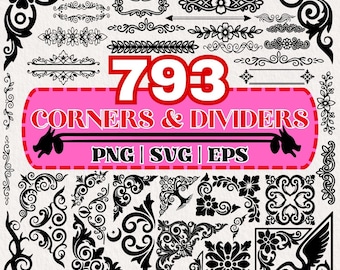 793 Vintage Floral Corners and Dividers SVG PNG EPS Bundle, Ornamental Borders Frames Clipart