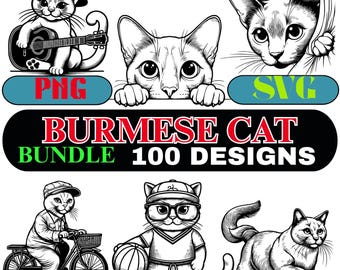 Burmese Cat Clipart Bundle | 100 PNG SVG Designs (Digital Art Pack)