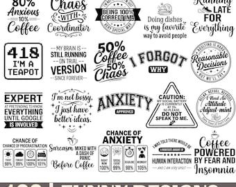 Paquete de 129 divertidos archivos SVG, humor sarcástico sobre café, diseños para la ansiedad (descarga digital)