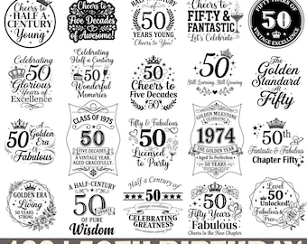 Paquete de 129 archivos SVG para el 50 cumpleaños, diseños vintage para ocasiones especiales (descarga digital)
