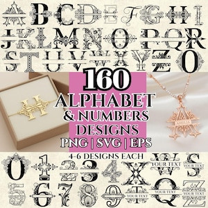 Könnte beinhalten: Ein Bild mit 160 Alphabet- und Zahlen-Designs in PNG-, SVG- und EPS-Formaten. Die Designs umfassen verzierte Buchstaben- und Zahlenstile, ein goldenes Armband mit dem Buchstaben "H" und einen roségoldenen Anhänger mit dem Namen "AMELIA".