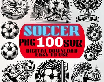 Vintage Soccer Clipart Bundle | 100 PNG SVG Illustrations (Digital Download)