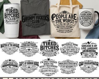Paquete de 75 archivos SVG sarcásticos, citas de humor negro, tipografía atrevida (descarga digital)