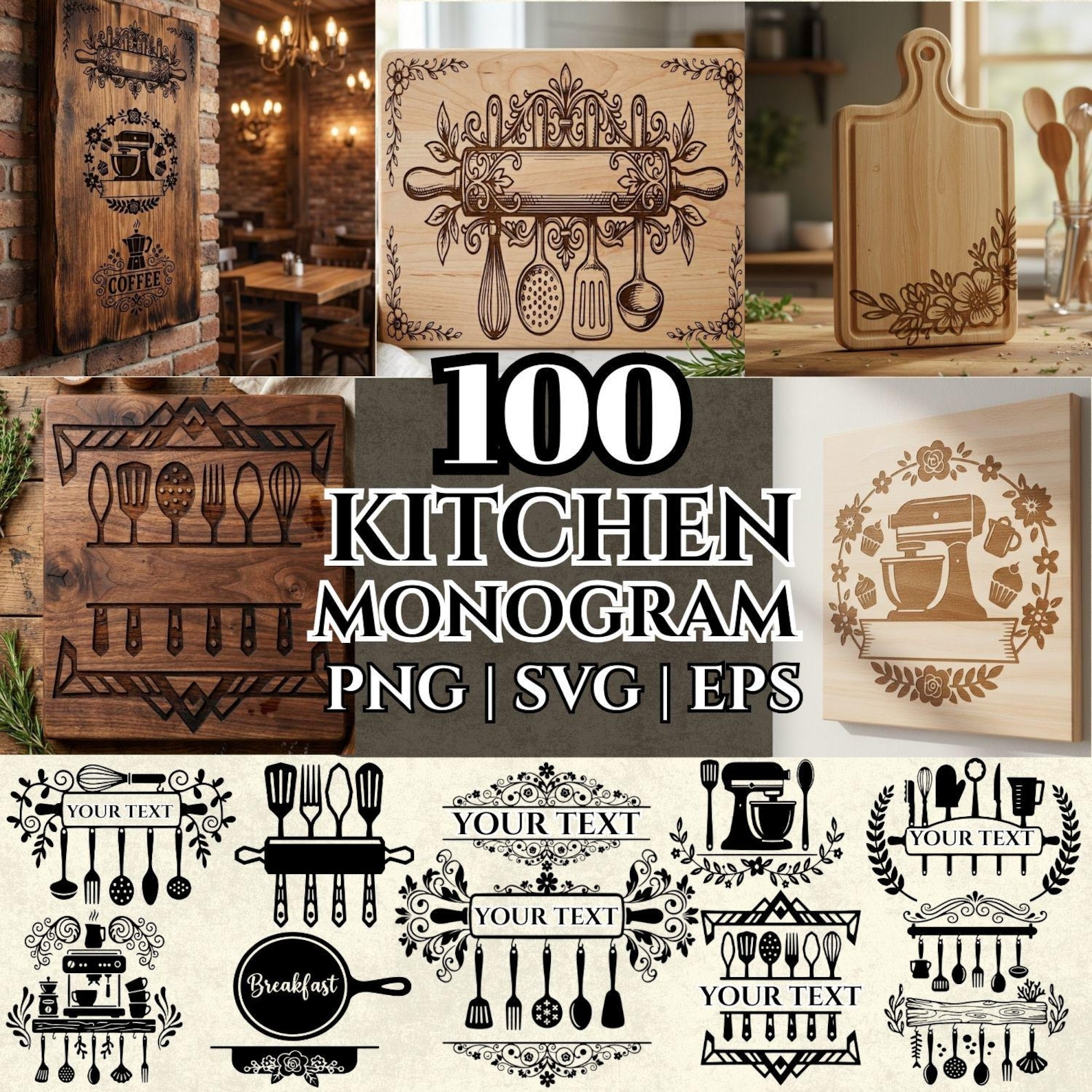 Kitchen Monogram SVG Bundle | Rustic Cooking Wall Art Designs, Cutting ...