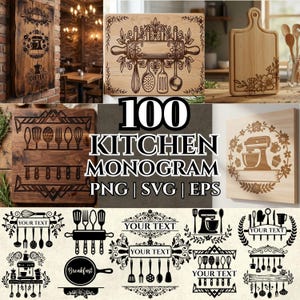 Könnte beinhalten: Eine Sammlung von Küchenschildern und -designs aus Holz. Das Bild zeigt Schneidebretter, Wandkunst und dekorative Elemente mit Küchenutensilien, Kaffee und dem Text "100 KITCHEN MONOGRAM PNG | SVG | EPS".