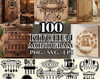 Kitchen Monogram SVG Bundle | Rustic Cooking Wall Art Designs, Cutting Board Engraving Files, Farmhouse Kitchen Decor PNG EPS Cricut