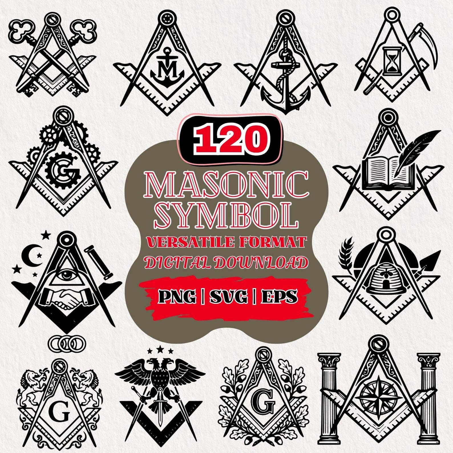 Freemasonry Vector Masonic Symbol Bundle SVG PNG EPS | Freemason Square Compass Icons ...
