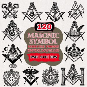 May include: A collection of 120 Masonic symbol designs in black and white. The designs include compasses, squares, and other emblems, with text that reads "Masonic Symbol" and "Versatile Format Digital Download".