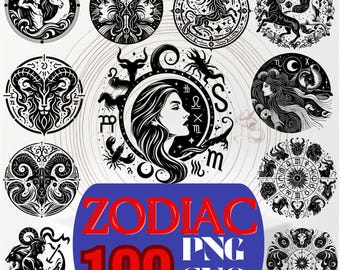 Zodiac SVG Bundle, 100 Astrology Signs, Mystic Clipart (PNG)