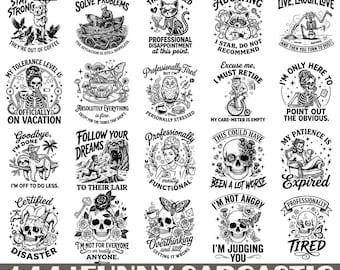 Paquete de 144 SVG sarcásticos: citas de humor negro, diseños de calaveras góticas - png, eps