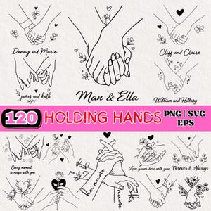 May include: Black and white line art illustrations of hands holding each other, with floral and heart accents. Text includes names like "Donny and Marie" and "Man & Ella", plus "120 HOLDING HANDS" in pink.