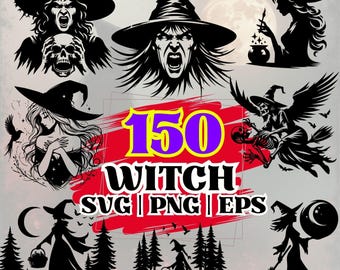 Witch Silhouettes | 150 SVG PNG EPS Bundle, Halloween Clipart