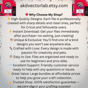 May include: White background with text: akdvectorlab.etsy.com. The text highlights high-quality designs, instant downloads, unique designs, and customer support. The shop offers files for Cricut and Silhouette users.
