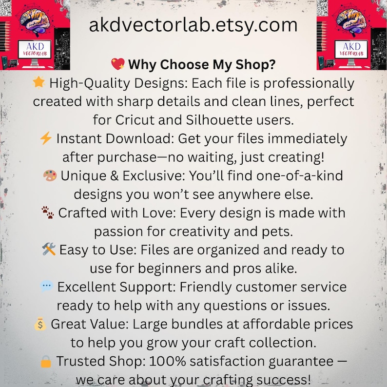 May include: White background with text: akdvectorlab.etsy.com. The text highlights high-quality designs, instant downloads, unique designs, and customer support. The shop offers files for Cricut and Silhouette users.