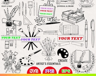 110 Art Supplies SVG Bundle, Artist Tools Clipart, Painting Drawing Journal Elements, Creative Design Icons