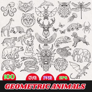Peut inclure: Illustrations géométriques en noir et blanc d'animaux, dont une pieuvre, un chat, un dauphin, un hibou, une libellule, une girafe, etc. Le texte "100 Geometric Animals" est également présent.
