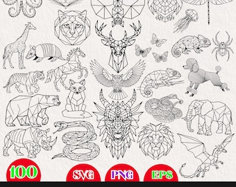 100 Geometric Animals SVG Bundle, Low Poly Animal Clipart Set, Polygon Wildlife Designs