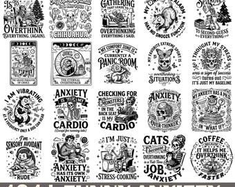 Paquete de 131 divertidos archivos SVG sobre la ansiedad, citas sarcásticas sobre la sobrepensación, diseños para introvertidos (descarga digital)