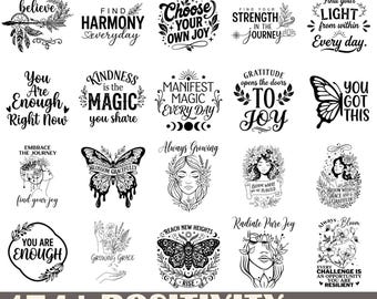 Paquete de 174 archivos SVG con mensajes positivos, citas inspiradoras y diseños florales de mariposas (descarga digital).