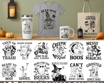 Paquete de 125 divertidos archivos SVG de Halloween: fantasmas espeluznantes, esqueletos y frases de brujas (descarga digital).