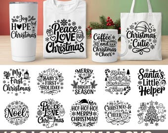 Paquete de 109 archivos SVG navideños, frases festivas, Papá Noel, copos de nieve (descarga digital)