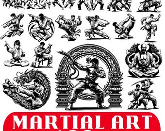 May include: Black and white illustrations of martial arts figures in various action poses. The image includes figures with swords, bows, and in fighting stances. Text at the bottom reads "MARTIAL ART PNG 100+ SUB" in red and white.