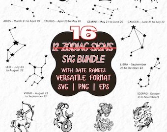Zodiac Signs SVG Bundle with Date Ranges, Astrology Constellations (svg, png, eps)