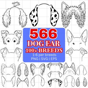 Puede incluir: Ilustración en blanco y negro de 566 diseños de orejas de perro, que representan más de 100 razas. La imagen incluye diversas formas y estilos de orejas, con texto que indica formatos de archivo: PNG, SVG y EPS.