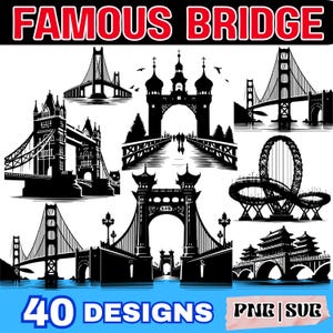 Puede incluir: Ilustraciones en blanco y negro de puentes famosos, como el Golden Gate Bridge y el Tower Bridge. La imagen incluye el texto "FAMOUS BRIDGE" en rojo y "40 DESIGNS" en azul.