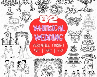 Whimsical Wedding SVG Clipart Bundle, Line Art Illustrations (PNG, EPS, Cricut Cut Files)