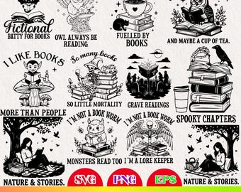 Reading Books SVG Bundle Book Lover Quotes Owl Witch Gothic Reading Clipart PNG EPS Files