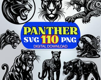 Paquete de imágenes prediseñadas de pantera SVG y PNG, diseños tribales de felinos de la jungla (110 archivos)