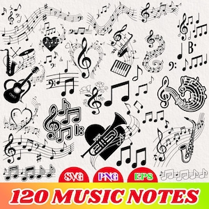 May include: Black and white musical notes and symbols, including treble clefs, musical staffs, and instruments like a guitar and saxophone. The image includes the text "120 MUSIC NOTES" in red and green.