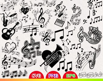 120 Music Notes SVG PNG EPS Bundle, Musical Symbols Clipart Set, Treble Clef Notes, Instruments Graphics for Cricut
